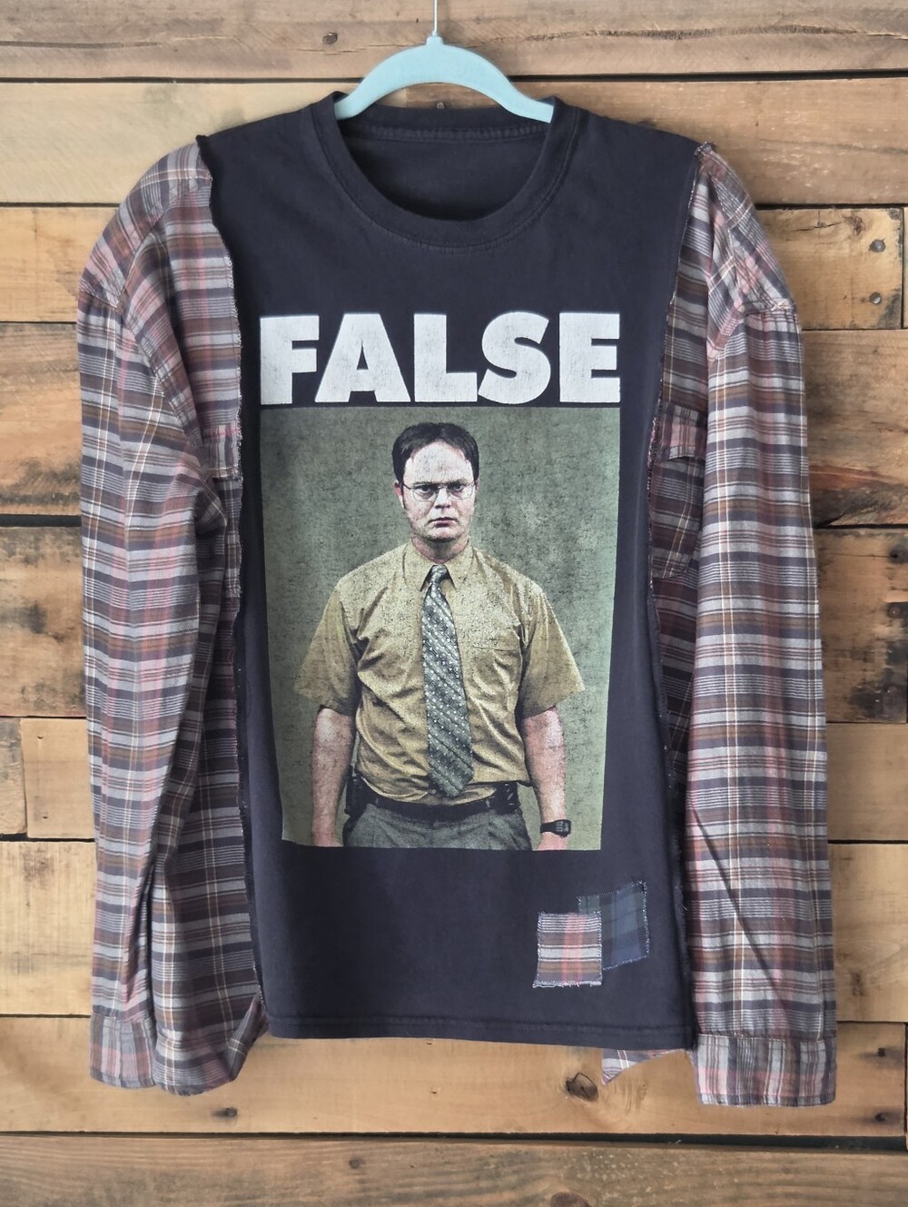 Upcycled  Black Graphic TV Show Graphic T-shirt With Plaid Sleeves